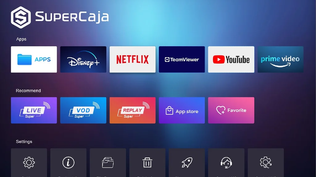 SuperCaja interface showing Netflix, Disney+, YouTube, Prime Video and Android TV apps
