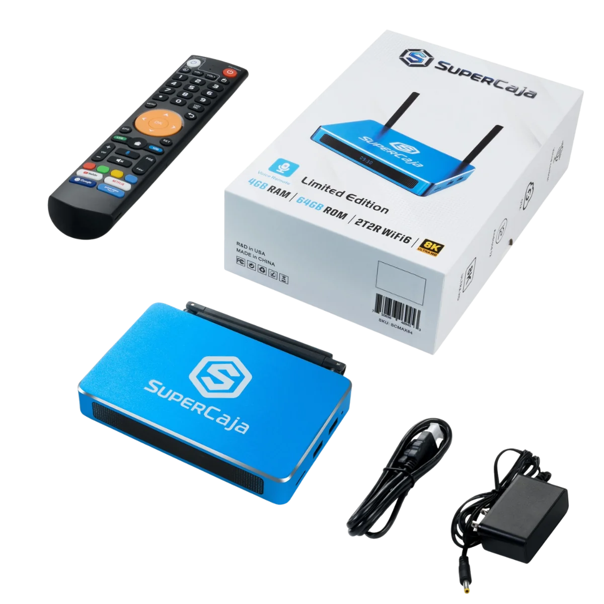 SuperCaja complete package including Android TV box, remote control, power adapter, and user manual